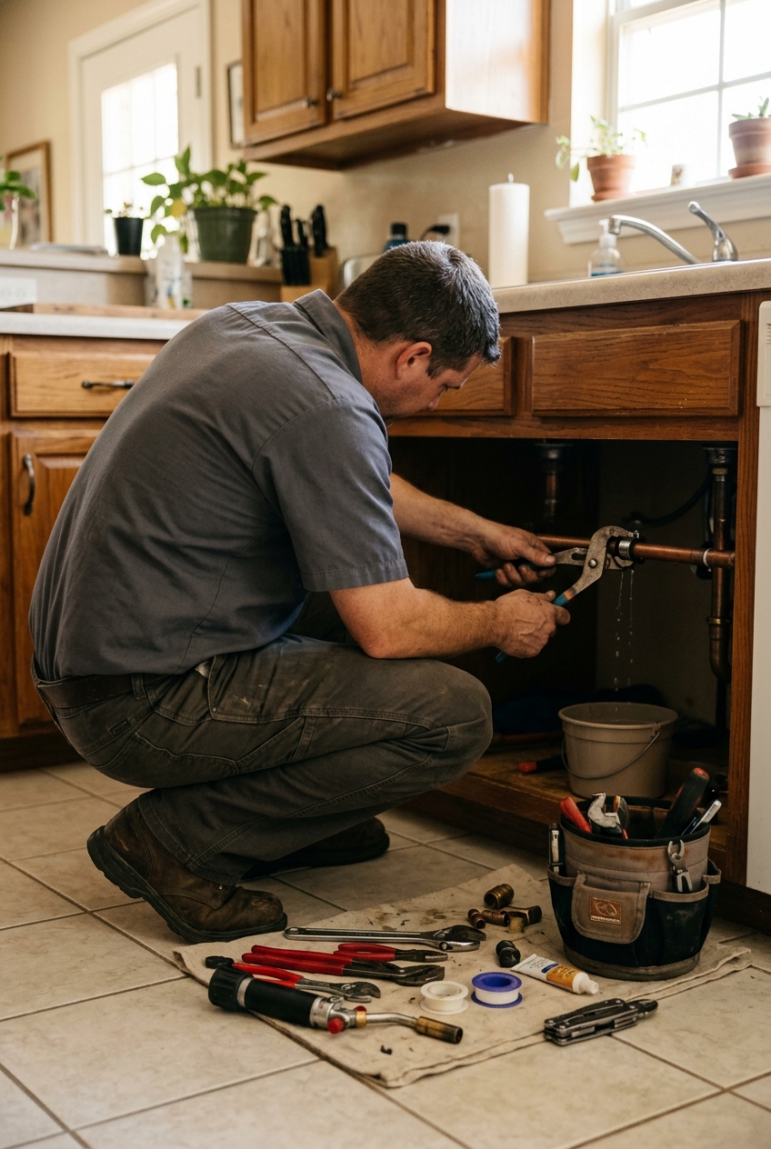 Licensed plumber at work on a Castroville service call